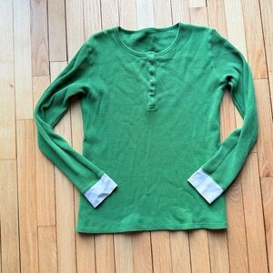 Green Long Sleeve waffle knit Henley Top